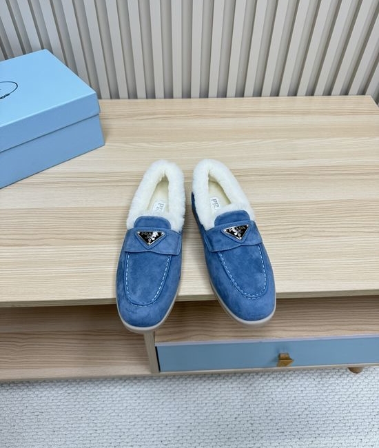 Prada Cozy Wool Lined Loafers Suede Upper Non Slip Durable Sole