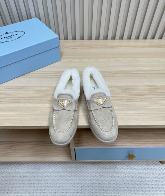Prada Cozy Wool Lined Loafers Suede Upper Non Slip Durable Sole