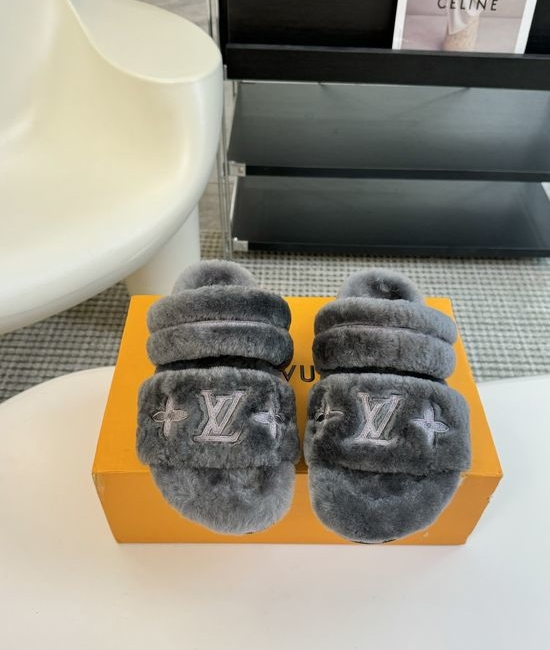 Louis Vuitton LV Cozy Wool Fuzzy Slippers Anti Slip Rubber Sole