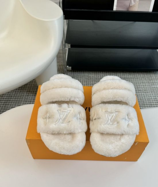 Louis Vuitton LV Cozy Wool Fuzzy Slippers Anti Slip Rubber Sole