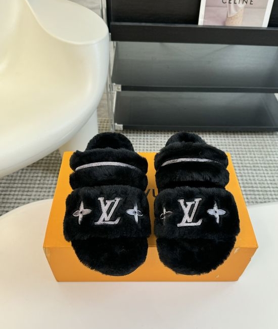 Louis Vuitton LV Cozy Wool Fuzzy Slippers Anti Slip Rubber Sole