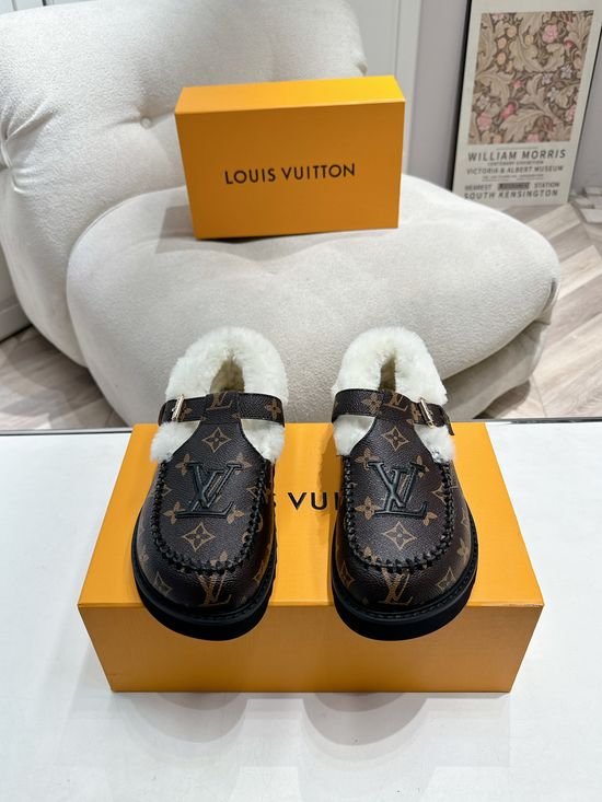 Louis Vuitton Premium Suede Leather Wool Lined Thick Sole Slippers