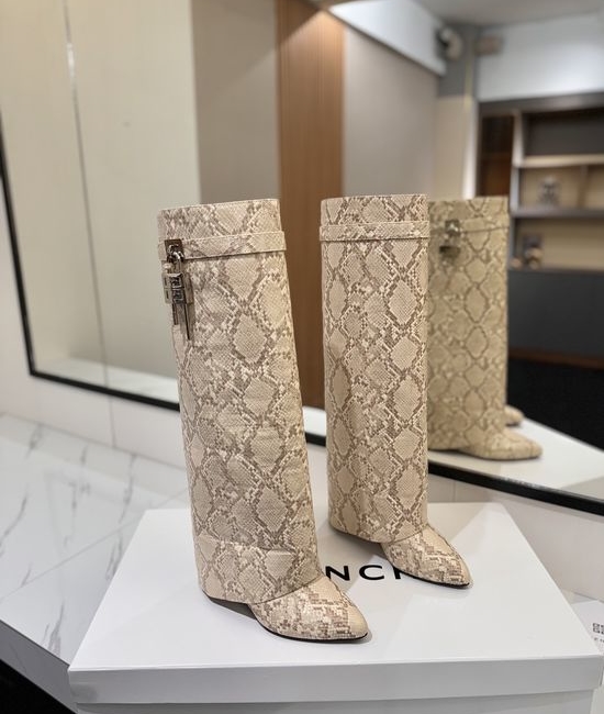 Givenchy Snake Print High Heel Tall Boots with Logo Buckle