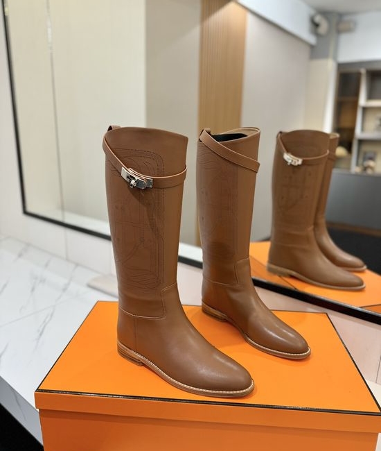 Hermes Classic Buckle Knee High Boots Premium Leather Elegant Style