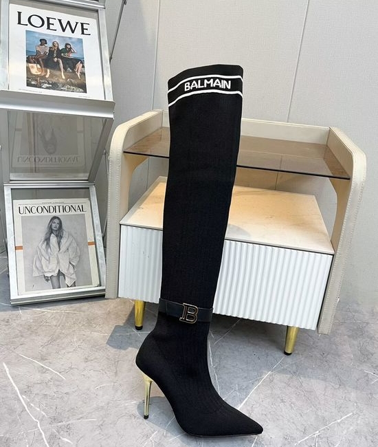 Balmain Stiletto Knee High Boots Knit Upper Sheepskin Lining