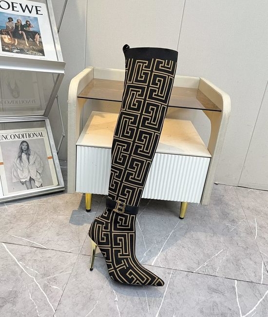 Balmain Stiletto Knee High Boots Knit Upper Sheepskin Lining