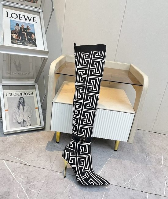 Balmain Stiletto Knee High Boots Knit Upper Sheepskin Lining