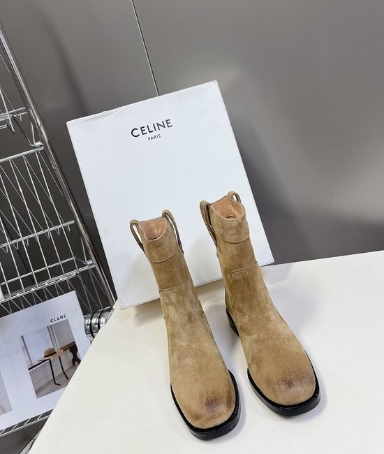Celine Suede Western Ankle Boots with Low Heel