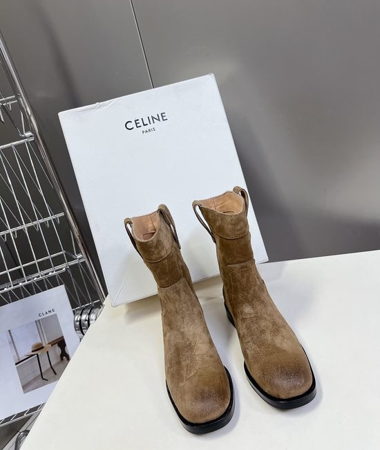 Celine Suede Western Ankle Boots with Low Heel