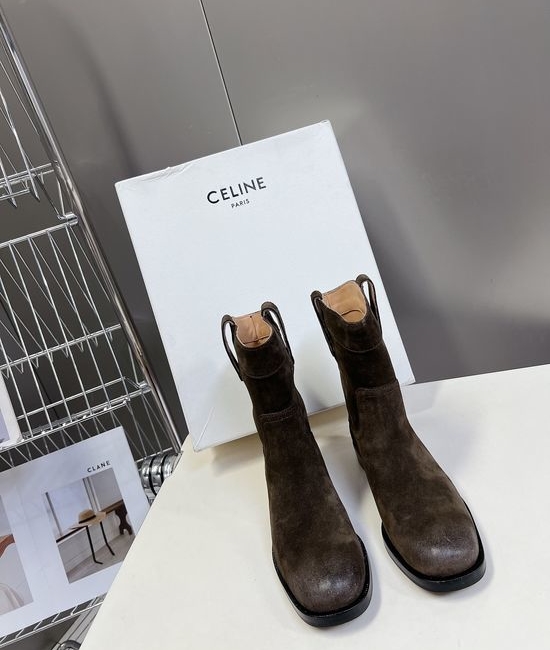 Celine Suede Western Ankle Boots with Low Heel