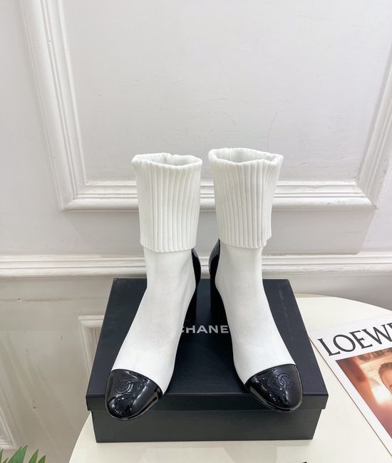 Chanel Patent Leather Knit Shaft Block Heel Boots