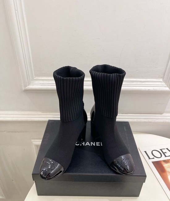 Chanel Patent Leather Knit Shaft Block Heel Boots