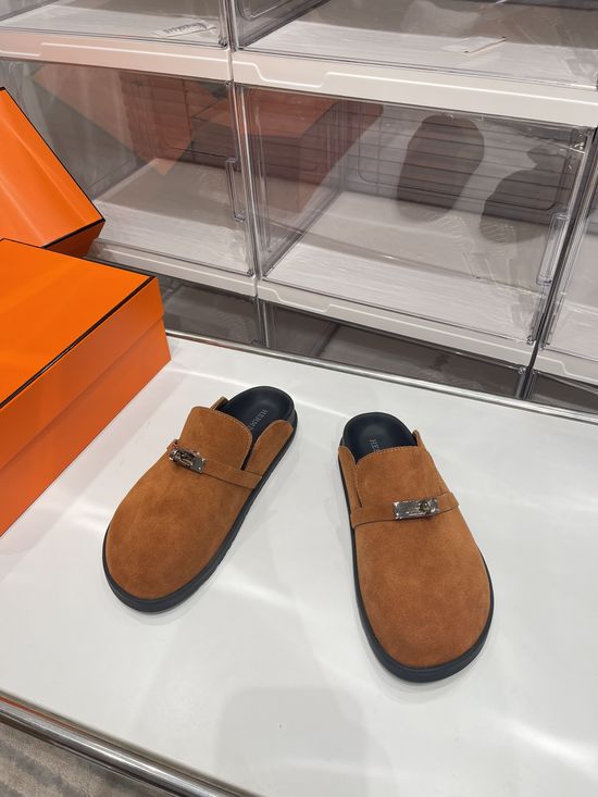 Hermes Buckle Decor Suede Lined Comfortable Casual Slides