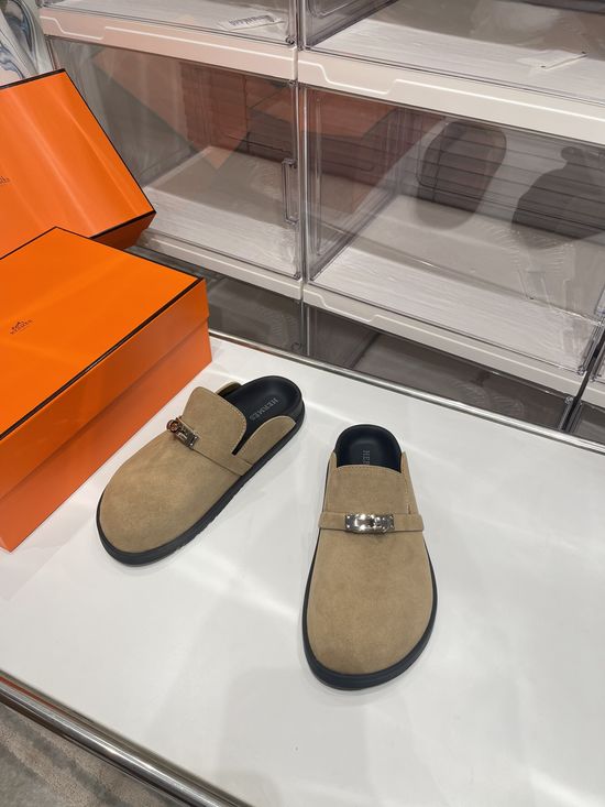 Hermes Buckle Decor Suede Lined Comfortable Casual Slides