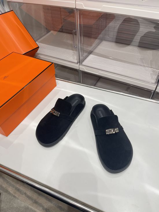 Hermes Buckle Decor Suede Lined Comfortable Casual Slides