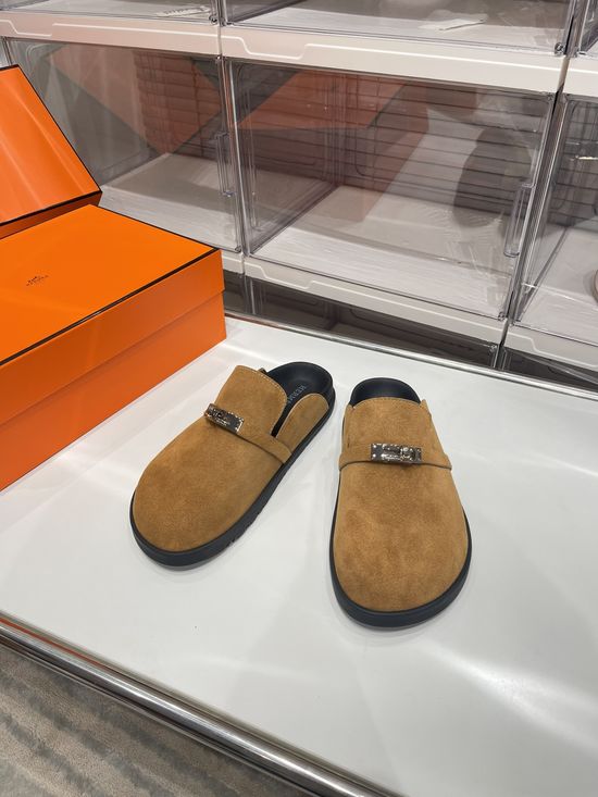 Hermes Buckle Decor Suede Lined Comfortable Casual Slides