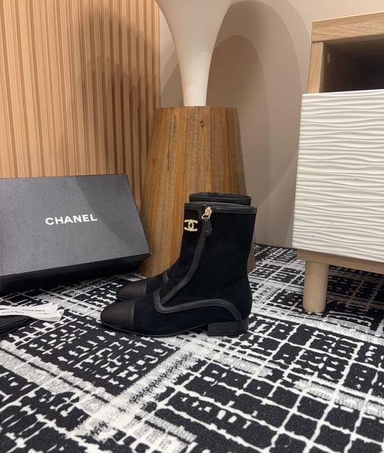 Chanel Square Toe Flat Ankle Boots With Rhinestone Buckle