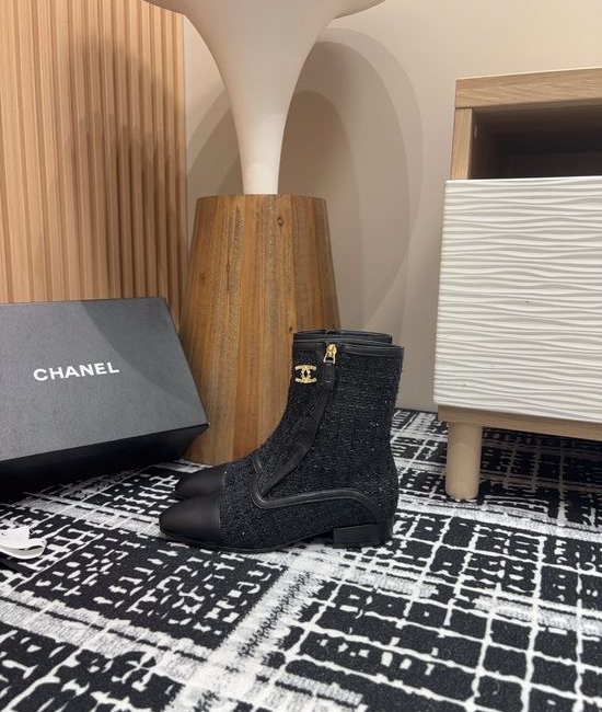 Chanel Square Toe Flat Ankle Boots With Rhinestone Buckle