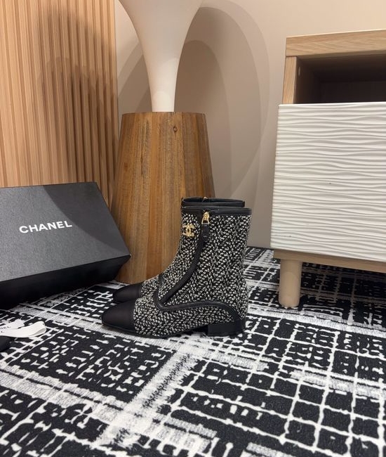 Chanel Square Toe Flat Ankle Boots With Rhinestone Buckle