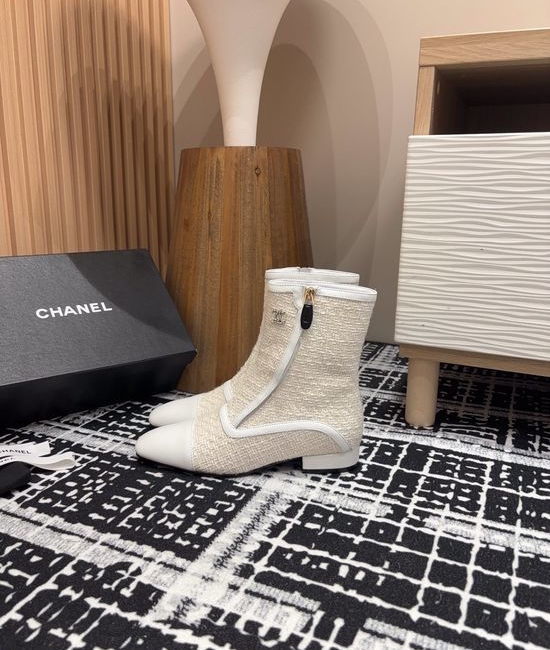 Chanel Square Toe Flat Ankle Boots With Rhinestone Buckle