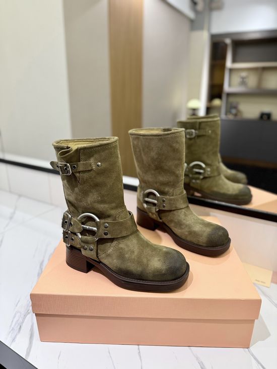 Miu Miu Vintage Distressed Leather Mid-calf Boots Retro Anti-slip Sole