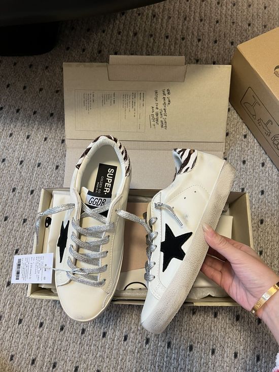 Golden Goose Distressed Cowhide Sneakers With Black Star Thick Sole