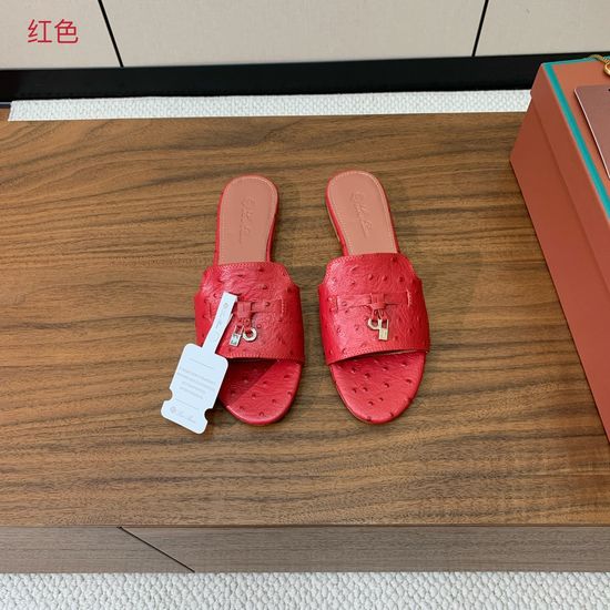 Loro Piana Ostrich Embossed Leather Flat Slide Sandals