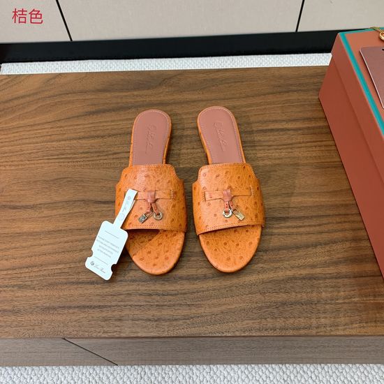 Loro Piana Ostrich Embossed Leather Flat Slide Sandals