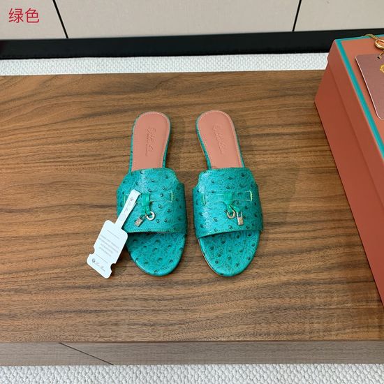 Loro Piana Ostrich Embossed Leather Flat Slide Sandals