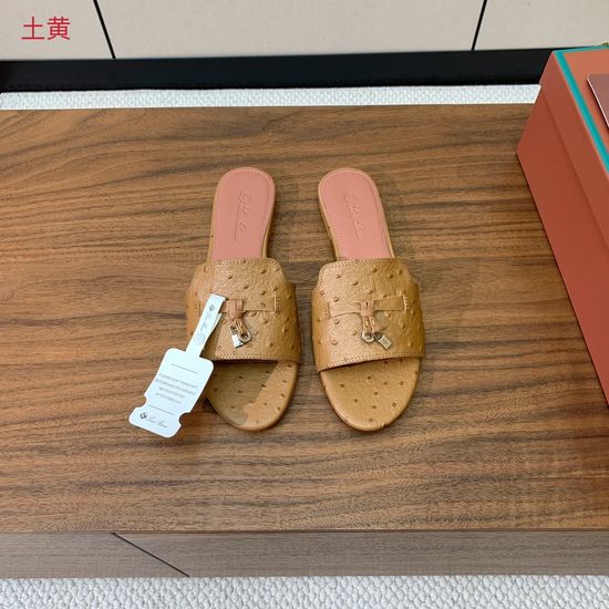 Loro Piana Ostrich Embossed Leather Flat Slide Sandals