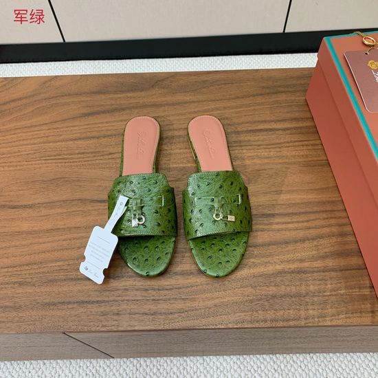 Loro Piana Ostrich Embossed Leather Flat Slide Sandals