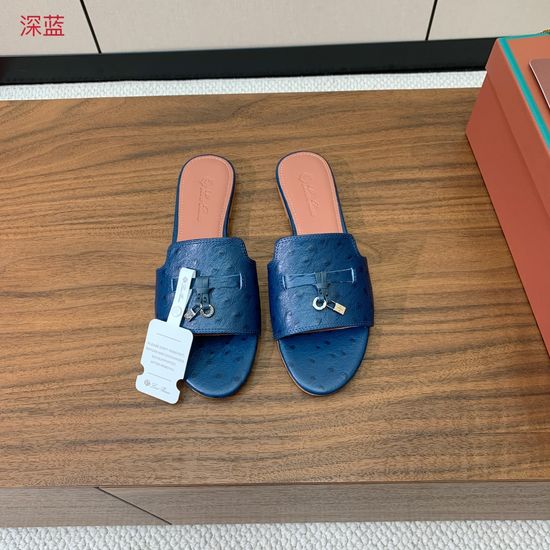 Loro Piana Ostrich Embossed Leather Flat Slide Sandals
