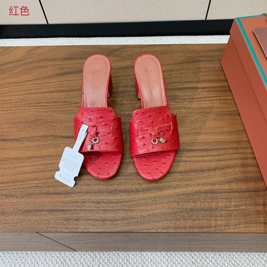 Loro Piana Ostrich Print Leather Mid-heel Slides Premium Sole Footwear