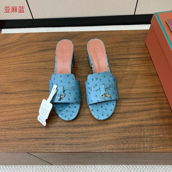 Loro Piana Ostrich Print Leather Mid-heel Slides Premium Sole Footwear