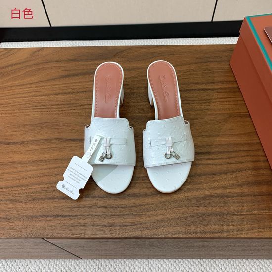 Loro Piana Ostrich Print Leather Mid-heel Slides Premium Sole Footwear