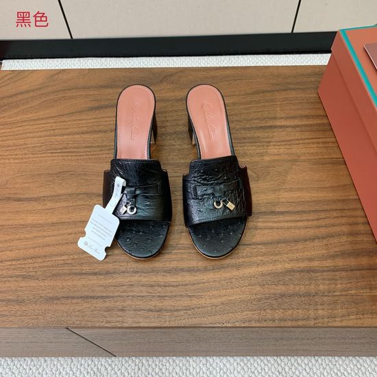 Loro Piana Ostrich Print Leather Mid-heel Slides Premium Sole Footwear
