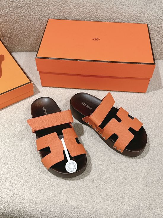 Hermes Wood Sole Open Toe Sandals Adjustable Straps Casual Comfortable