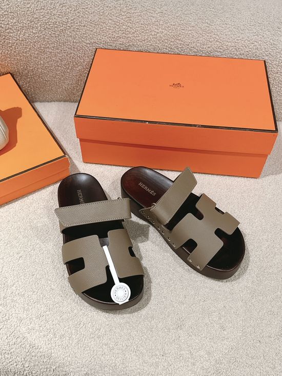 Hermes Wood Sole Open Toe Sandals Adjustable Straps Casual Comfortable