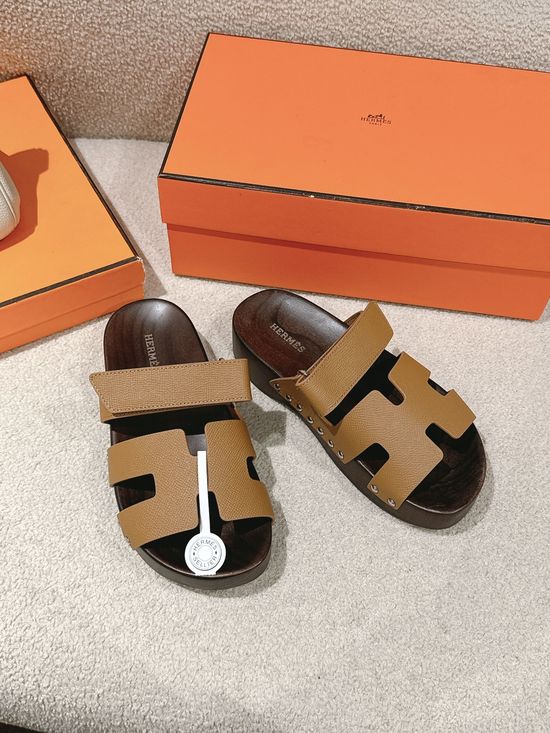 Hermes Wood Sole Open Toe Sandals Adjustable Straps Casual Comfortable