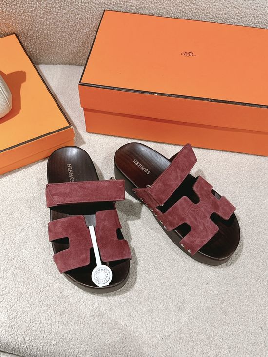 Hermes Wood Sole Open Toe Sandals Adjustable Straps Casual Comfortable