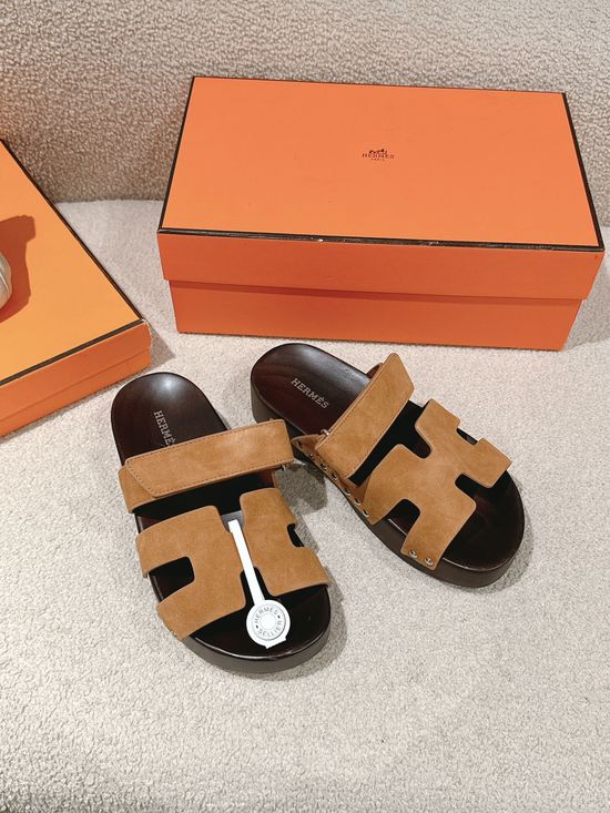 Hermes Wood Sole Open Toe Sandals Adjustable Straps Casual Comfortable