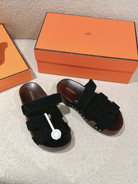 Hermes Wood Sole Open Toe Sandals Adjustable Straps Casual Comfortable