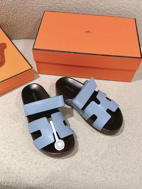 Hermes Wood Sole Open Toe Sandals Adjustable Straps Casual Comfortable