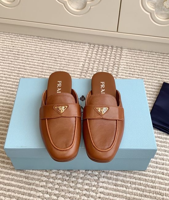 Prada Pointed Toe Mule Loafer Slippers Premium Soft Leather