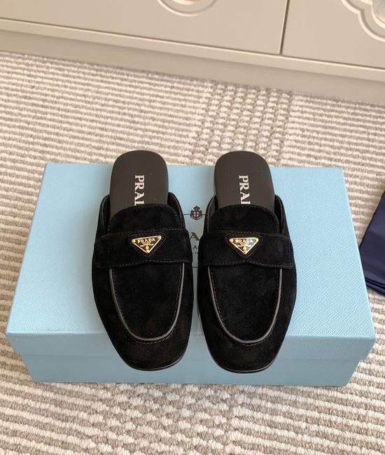 Prada Pointed Toe Mule Loafer Slippers Premium Soft Leather