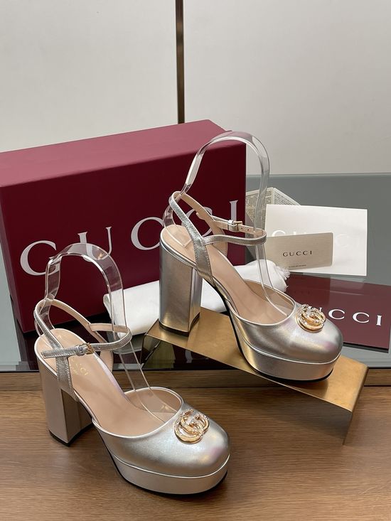 Gucci Metallic Leather Platform High Heel Sandals with Diamond Buckle