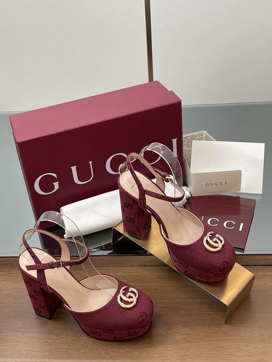 Gucci Embroidered Platform High Heel Sandals with Diamond Buckle