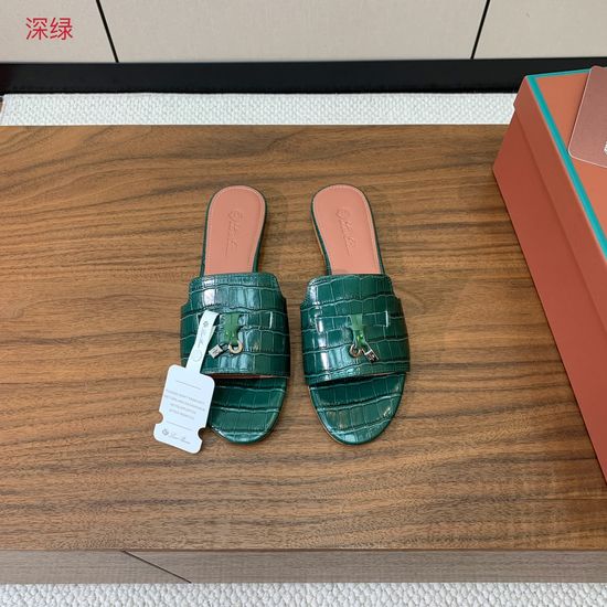 Loro Piana Ostrich Embossed Leather Flat Slide Sandals