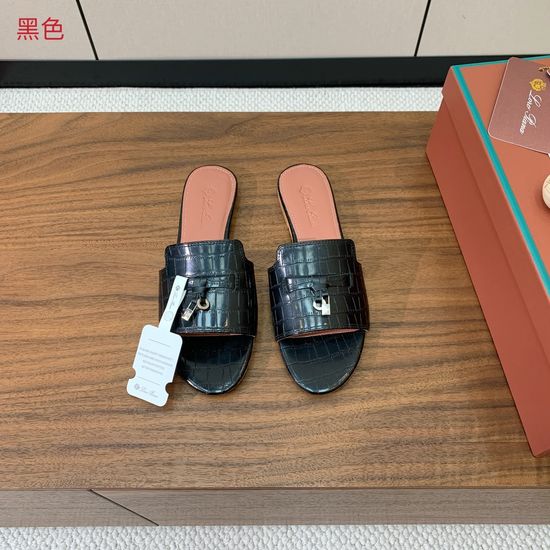 Loro Piana Ostrich Embossed Leather Flat Slide Sandals