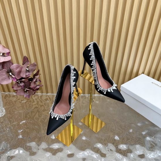 Amina Muaddi Silk Upper Elegant High Heel Shoes with Leather Sole